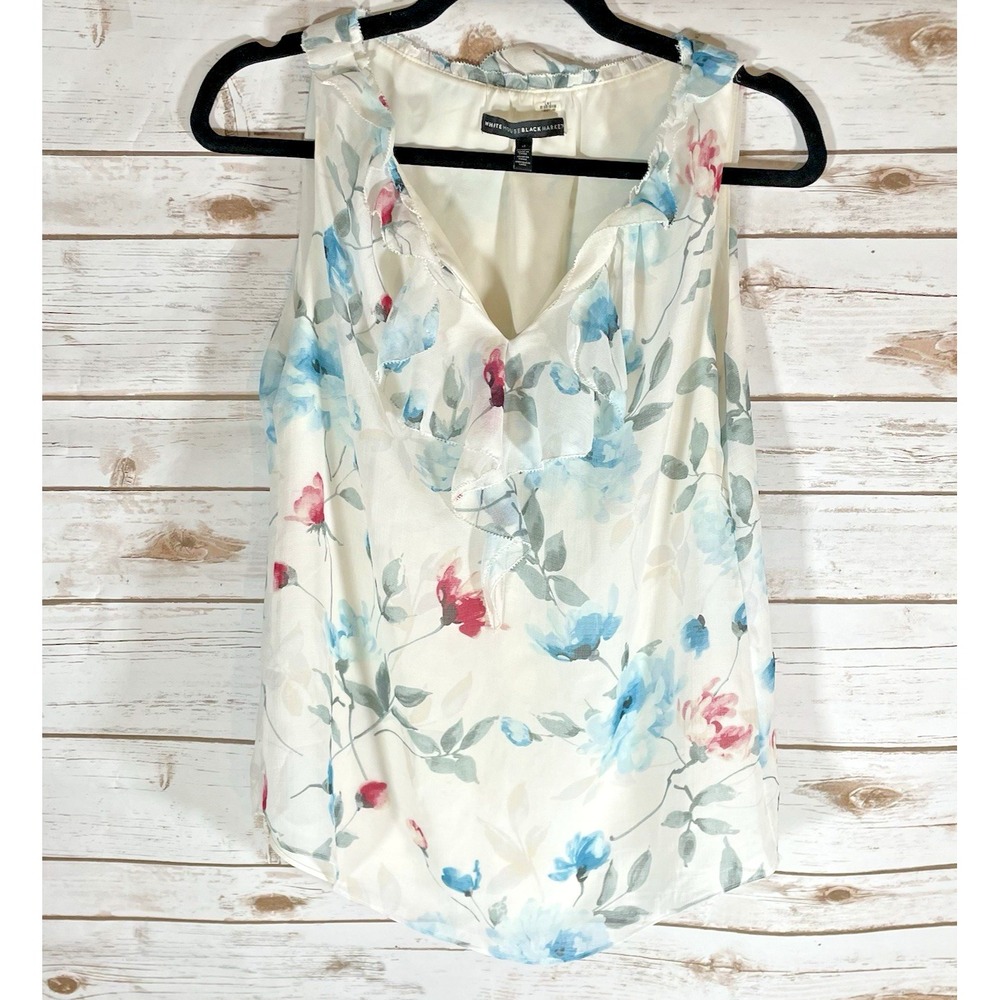 White House Black Market Women's Size 0 sleeveless‎ floral shirt with ruffle
